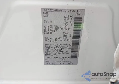 2022 Nissan Murano Sl Fwd из США, поврежденный, VIN 5N1AZ2CJ2NC108700